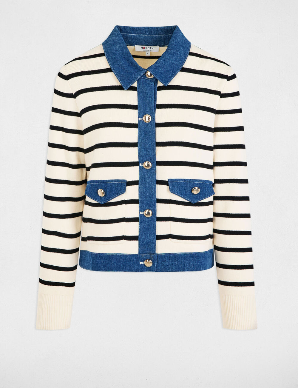Striped cardigan lapel collar ivory women