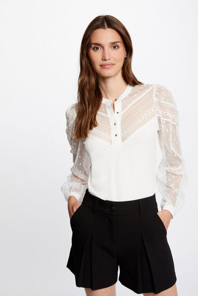Long-sleeved t-shirt with lace ecru ladies'