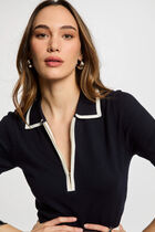 Pull col polo zippé bleu marine femme