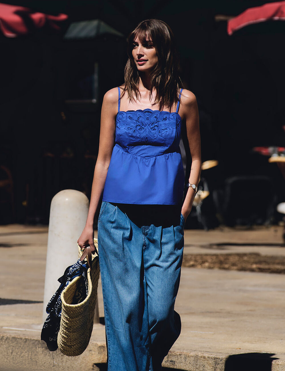 Embroidered top with thin straps blue women