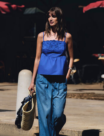 Embroidered top with thin straps blue women