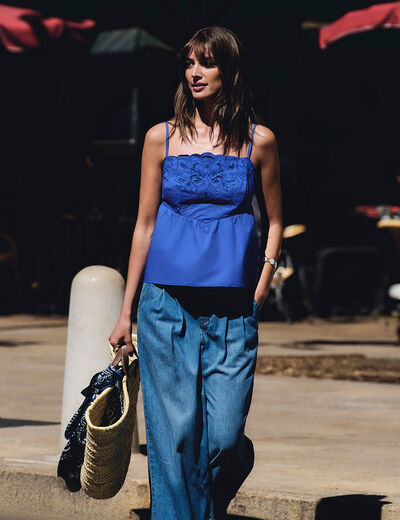 Embroidered top with thin straps blue women