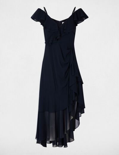 Straight midi dress ruffles navy blue women