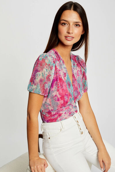 Short-sleeved t-shirt floral print pink ladies'
