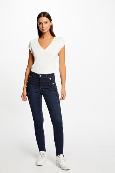 Skinny cargo trousers with buttons raw denim ladies'