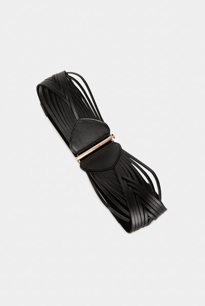 Elasticised leather belt with straps black ladies'
