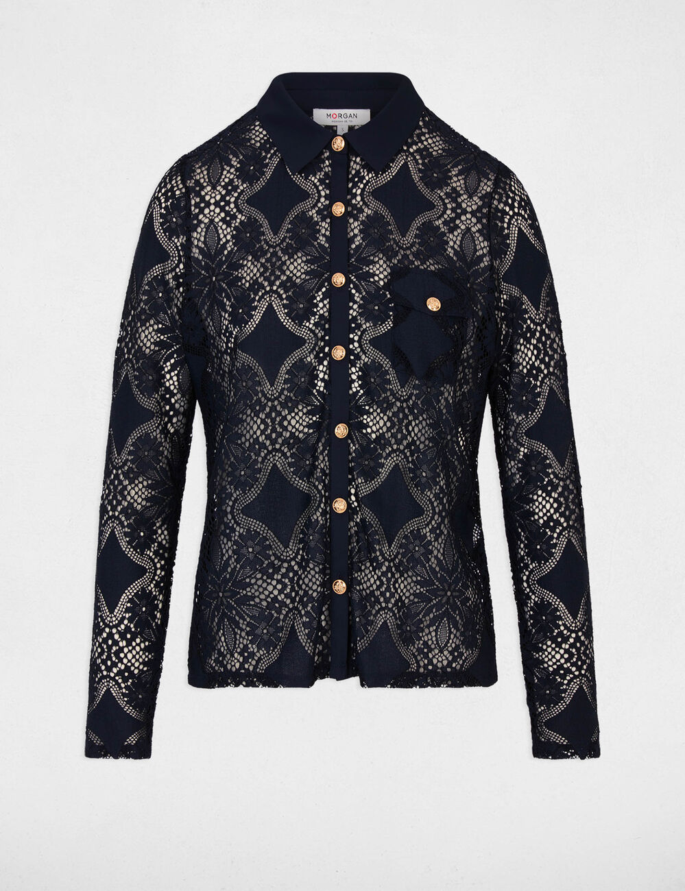 Lace shirt with a notched collar navy blue women