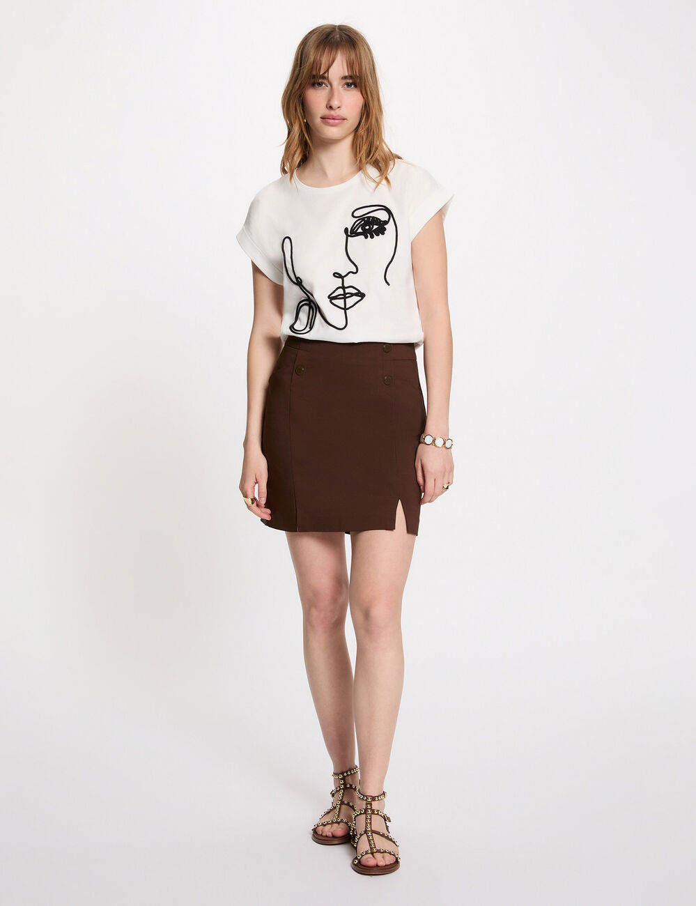 Face embroidery t-shirt white women