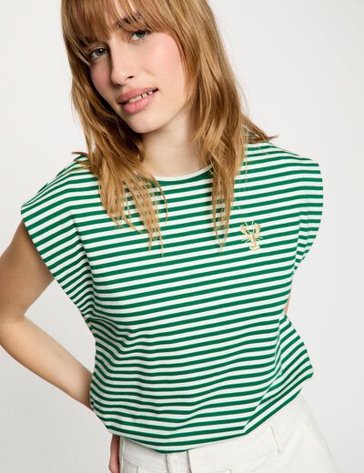 Striped embroidered t-shirt meadow green women