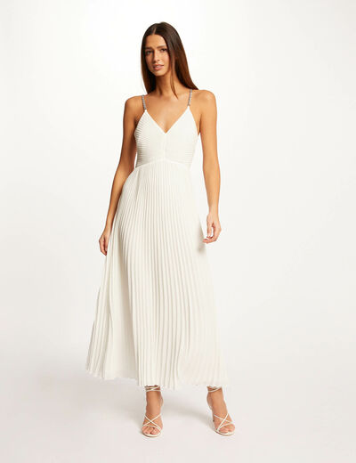 Maxi A-line pleated dress with open back ecru ladies'