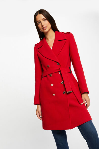 Long belted straight coat with buttons red ladies'
