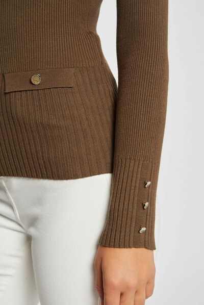 Long-sleeved ribbed jumper with V-neck mid-green ladies'