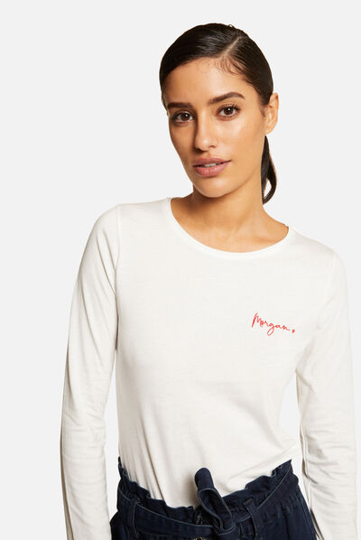 Long-sleeved t-shirt with embroidery ecru ladies'