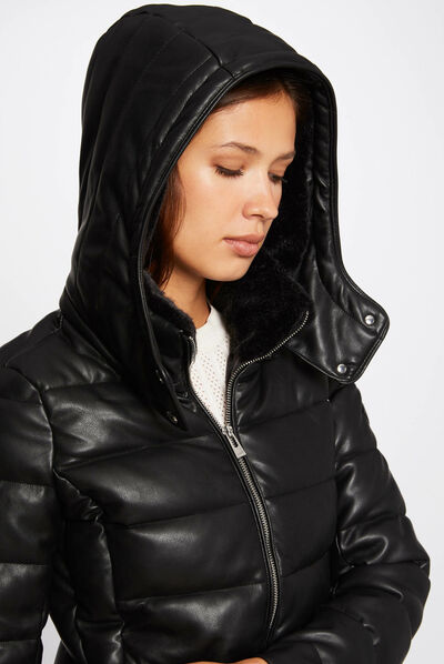 Straight padded jacket with hood black ladies'