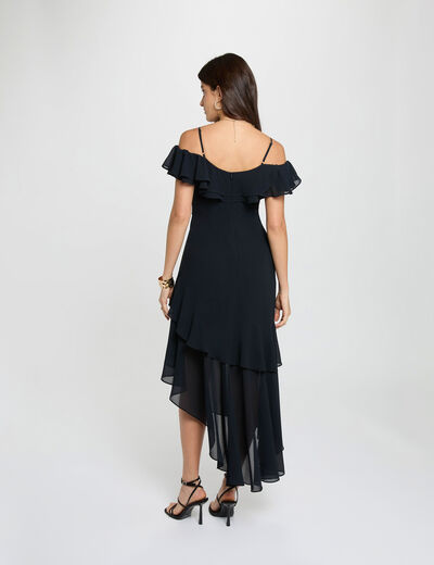 Straight midi dress ruffles navy blue women