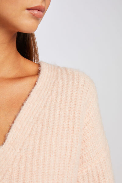 Straight buttoned cardigan with V-neck pink ladies'