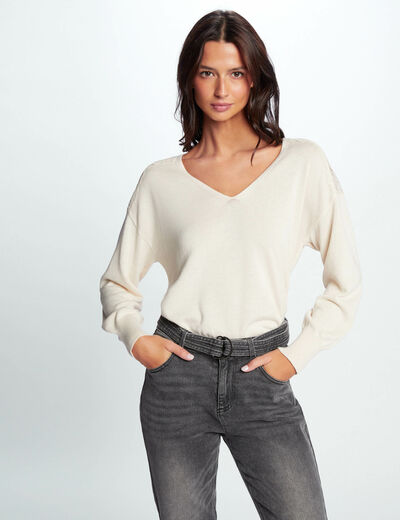 Jumper V-neck and long sleeves ivory ladies'