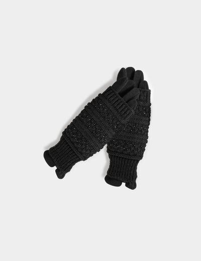 Knitted gloves with rhinestones black ladies'