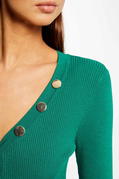 Long-sleeved jumper buttons fine knit green ladies'