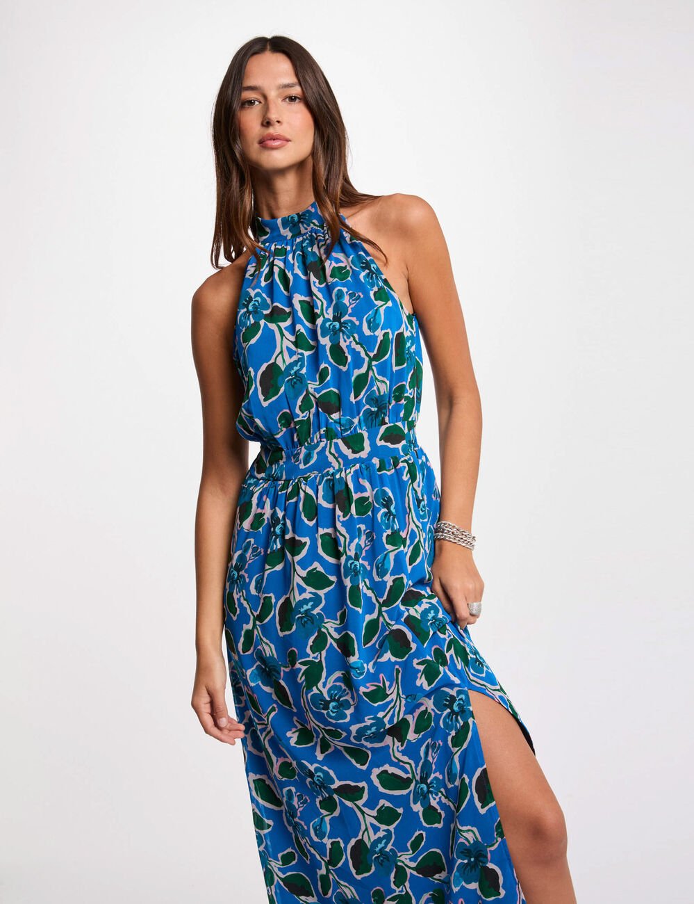 Robe longue évasée imprimée multicolore femme