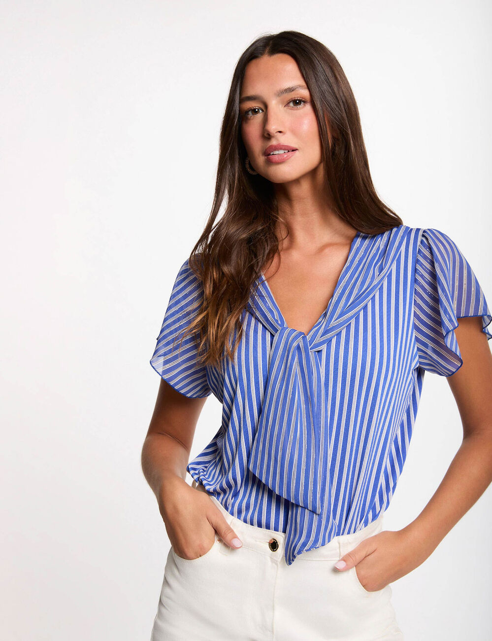 T-shirt with tie neck white women