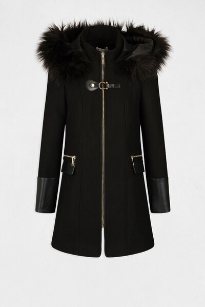 Straight zipped coat with hood black ladies'
