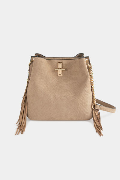 Bucket bag with fringes and snake effect beige ladies'