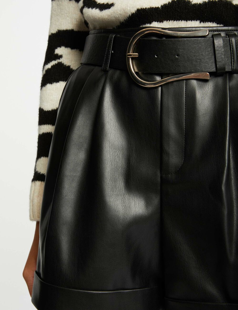 Belted paperbag shorts faux leather black women