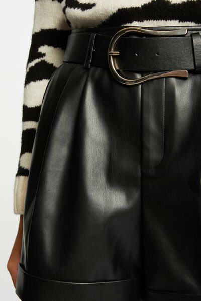 Belted paperbag shorts faux leather black ladies'