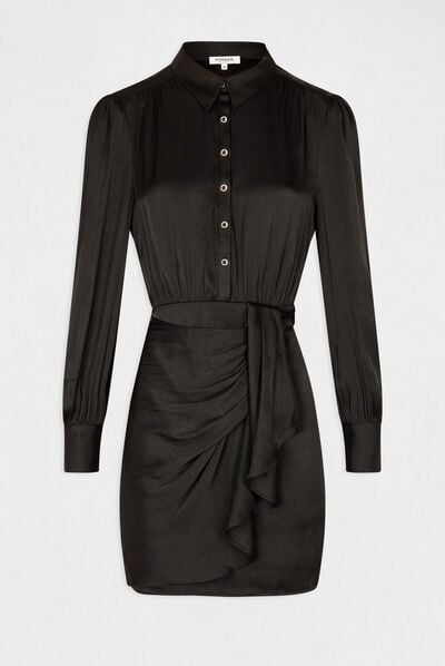 Satin draped straight dress black ladies'
