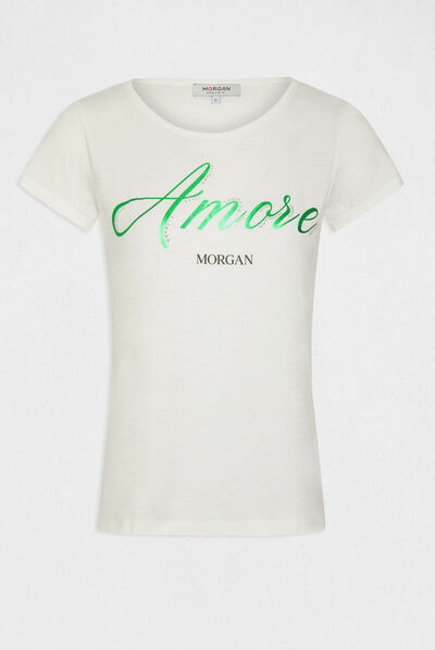 Short-sleeved t-shirt with message ecru ladies'