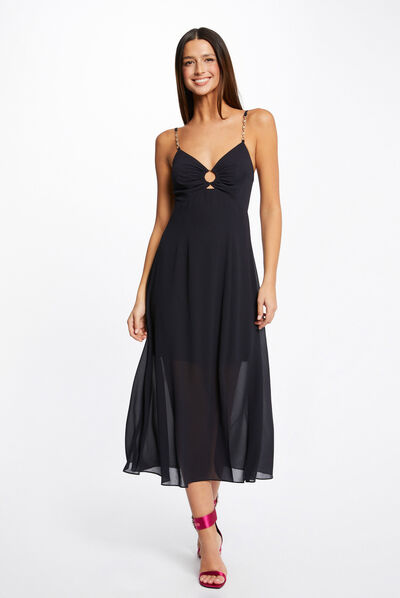 Midi A-line dress straps with chains navy ladies'
