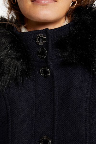 Long coat faux leather details navy ladies'