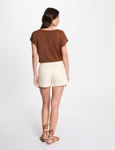 Jumper V-neck short sleeves cognac brown women