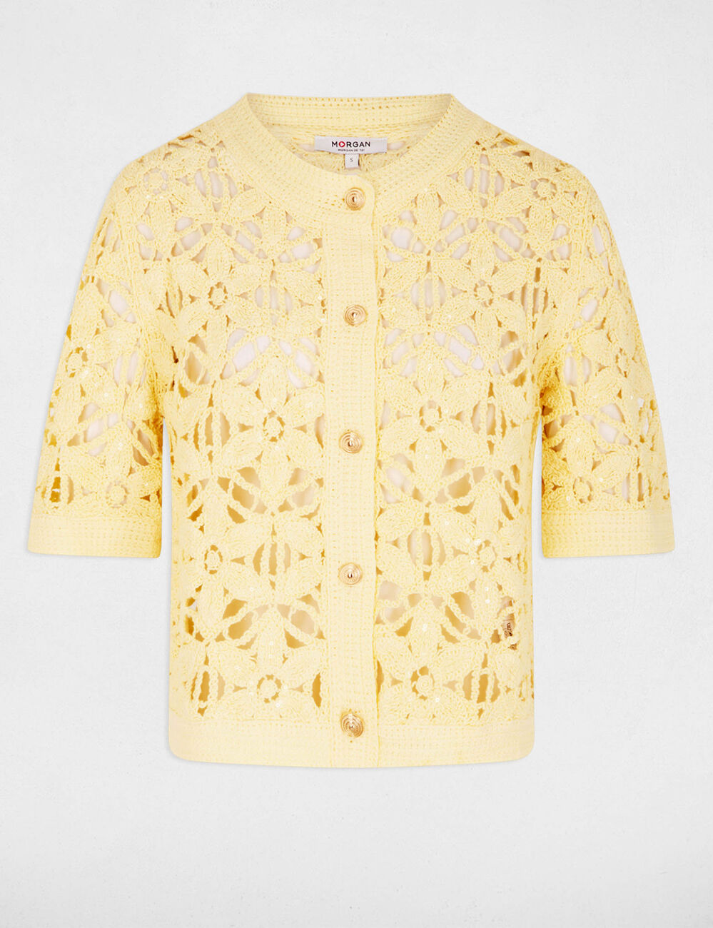 Crochet cardigan with round neck pastel yellow women