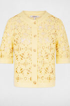 Crochet cardigan with round neck pastel yellow women