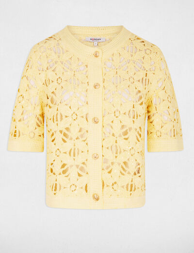 Crochet cardigan with round neck pastel yellow women