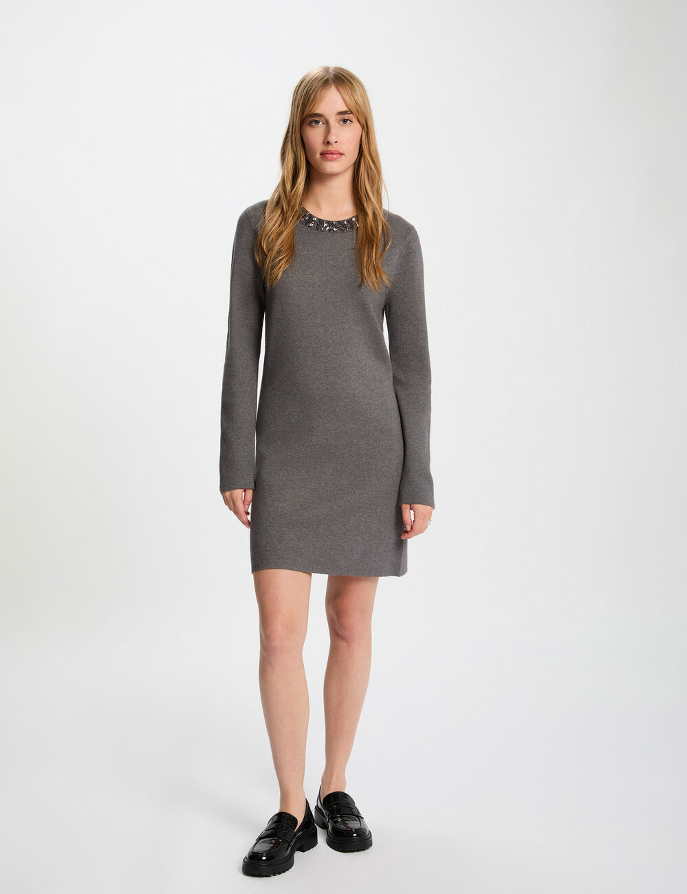 short dress with embellished neck dark grey women Short dress with embellished neck dark grey women