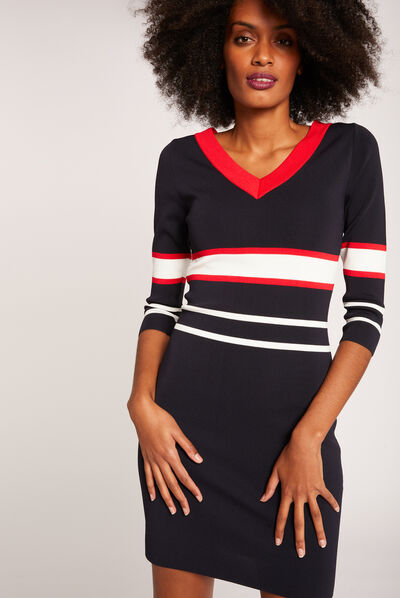 Fitted dress contrasting strips V-neck navy ladies'