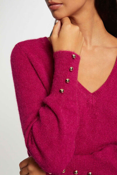 Long-sleeved jumper with V-neck raspberry ladies'
