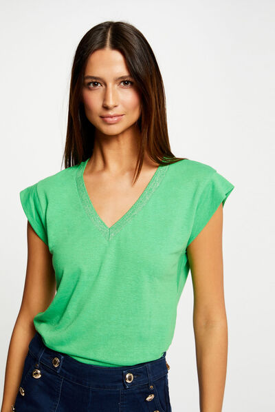 Short-sleeved t-shirt with V-neck green ladies'