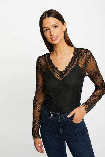 Long-sleeved t-shirt with lace black ladies'