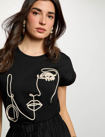 Face embroidery t-shirt black women
