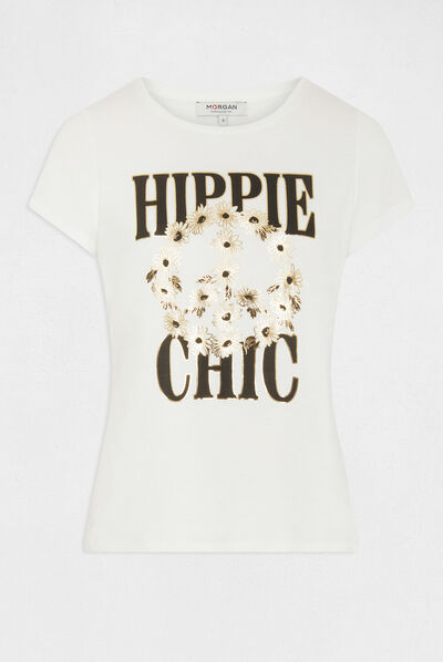 Short-sleeved t-shirt with message ecru ladies'