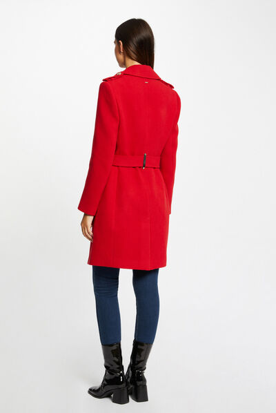 Long belted straight coat with buttons red ladies'