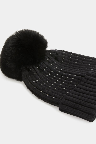 Beanie with rhinestones and pom-pom black ladies'