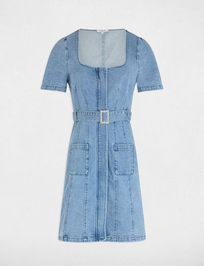 Straight mini denim dress heavy stone wash denim women