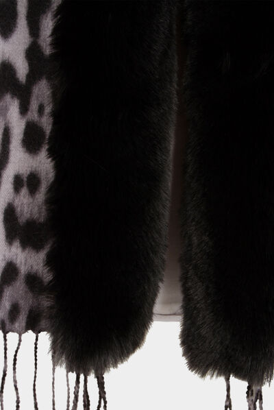 Poncho with fringes and leopard print mid-grey ladies'