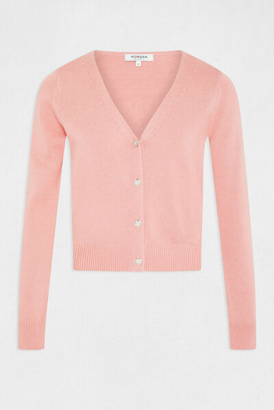 Straight buttoned cardigan with V-neck pale pink ladies'