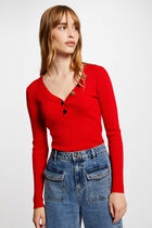 Long-sleeved jumper buttons fine knit medium red women